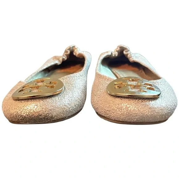 Tory Burch Reva Ballet Flats Metalli Gold Crackle Leather Logo Medallion Size 7M - Picture 6 of 12